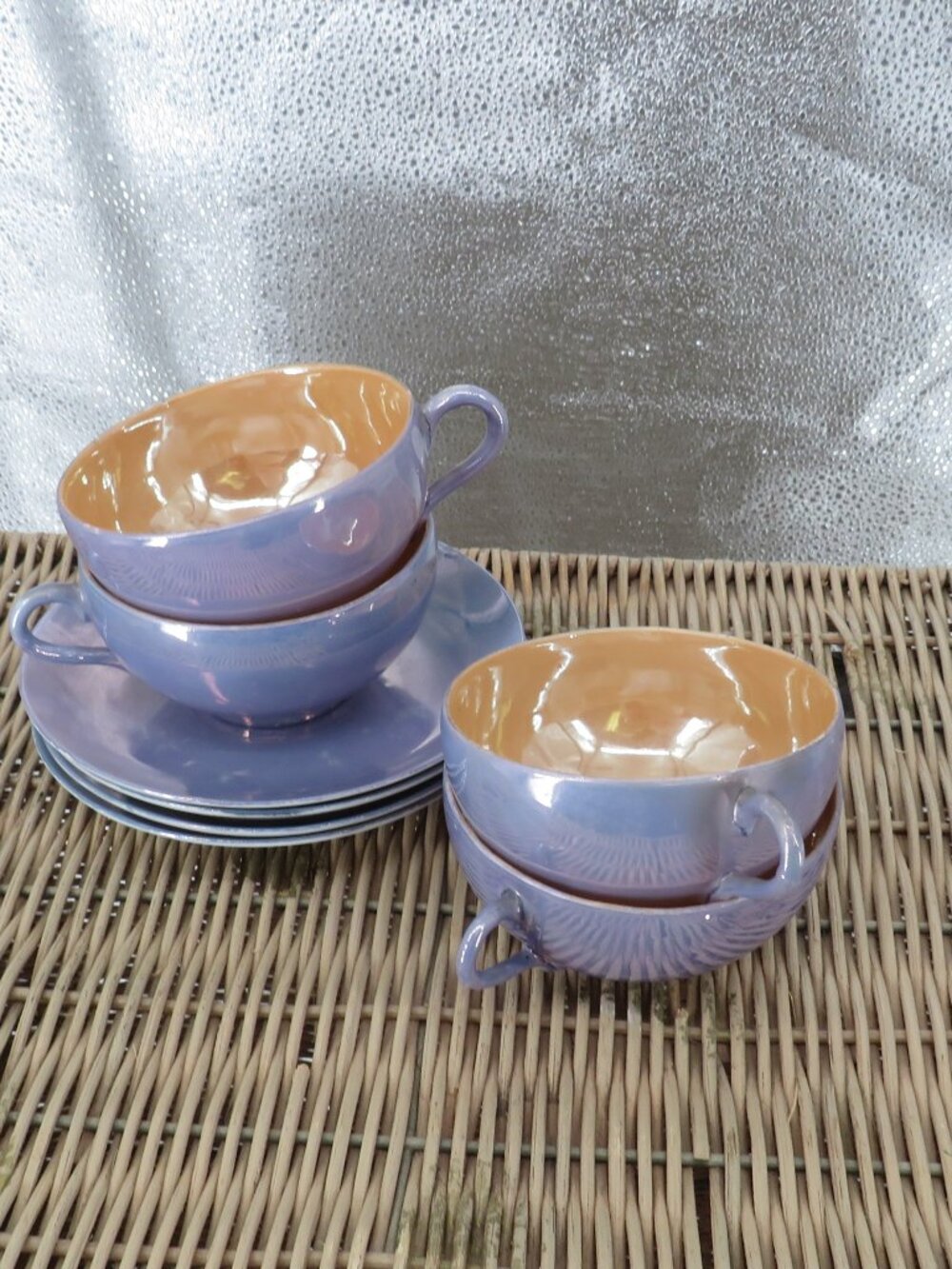 Vintage Lusterware Teacups Saucers Set Blue and Orange Ceramic Japan 4 PC